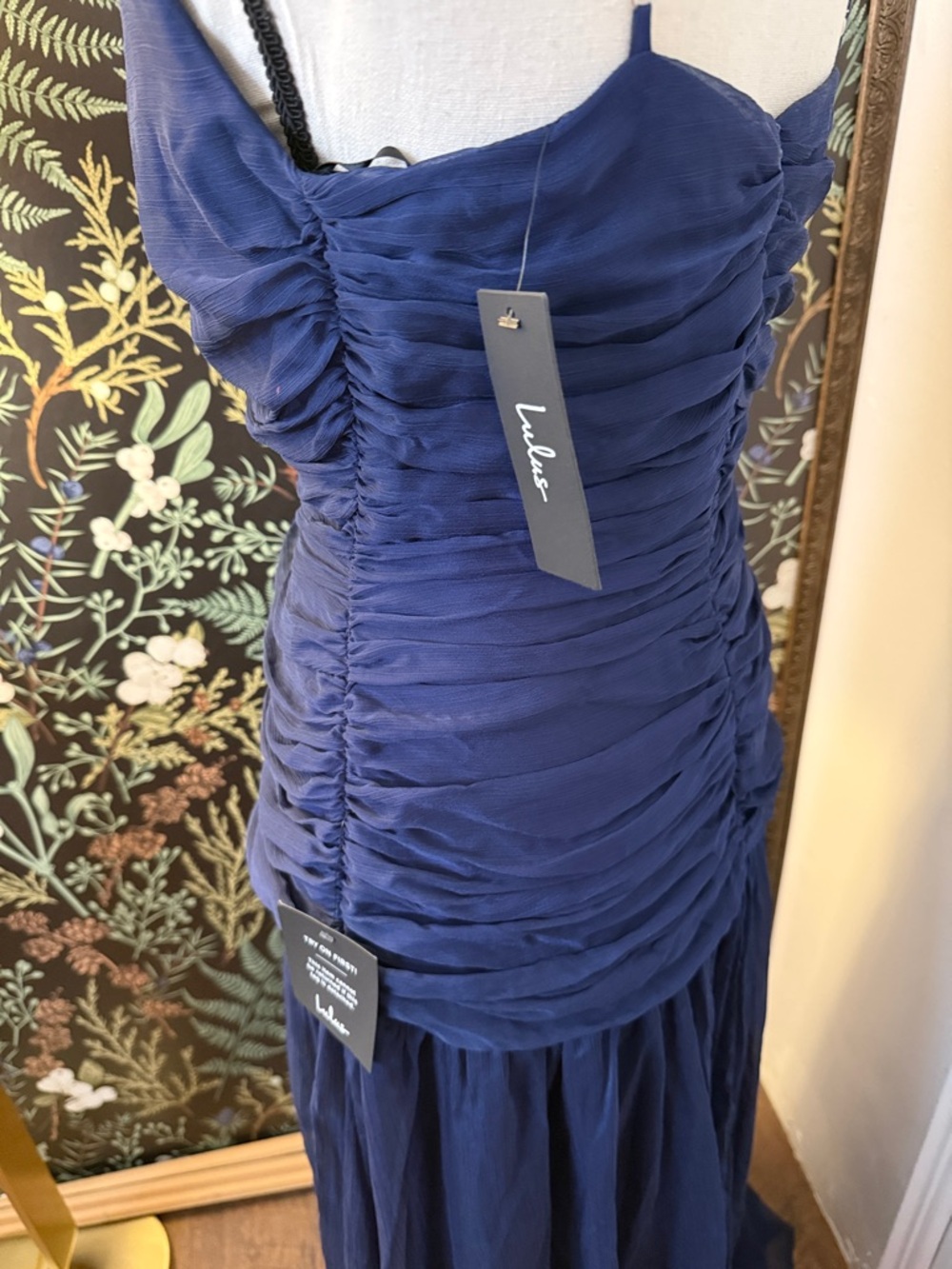 Navy Ruched Spaghetti-Strap Evening Dress - Picture 4 of 4